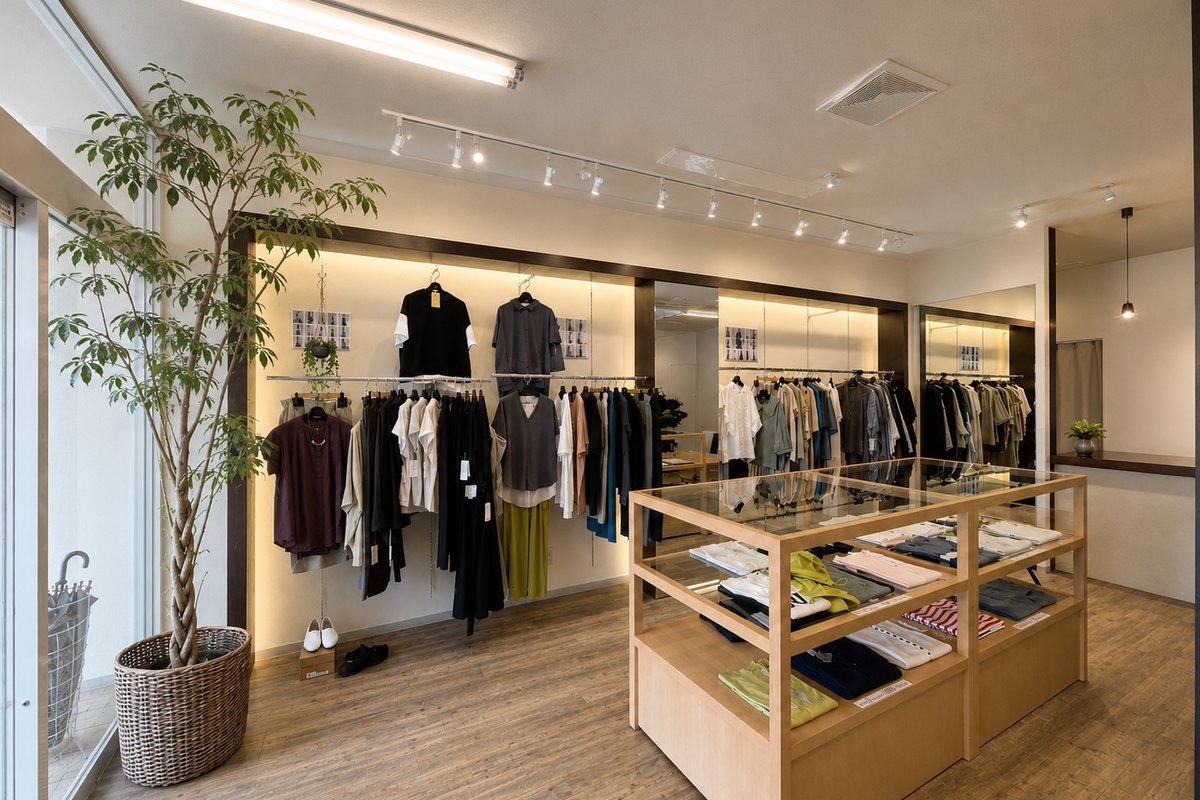 e.p.mの店内。植栽と壁面ラック、木の什器が並ぶ売場